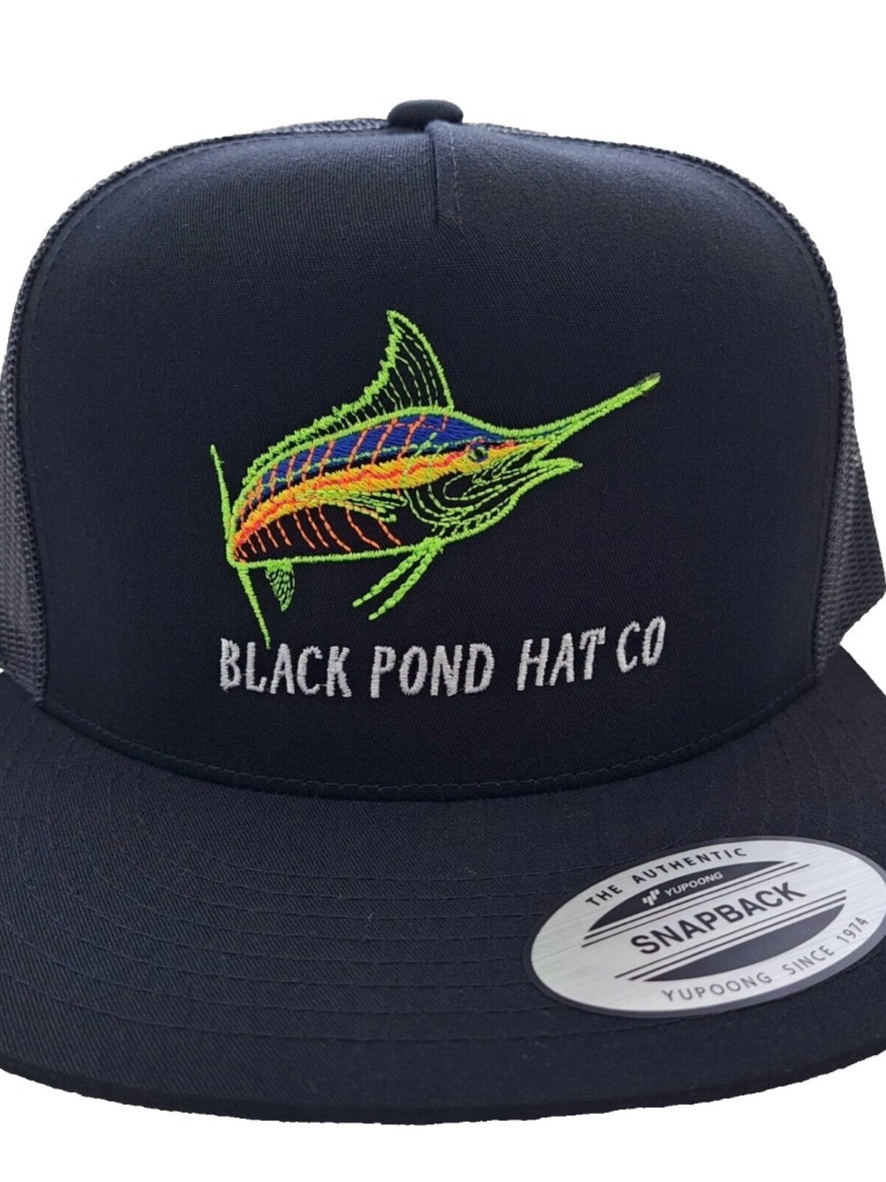 Black Pond Marlin Fish Flat Bill Mesh Snapback Embroidered Cap Hat